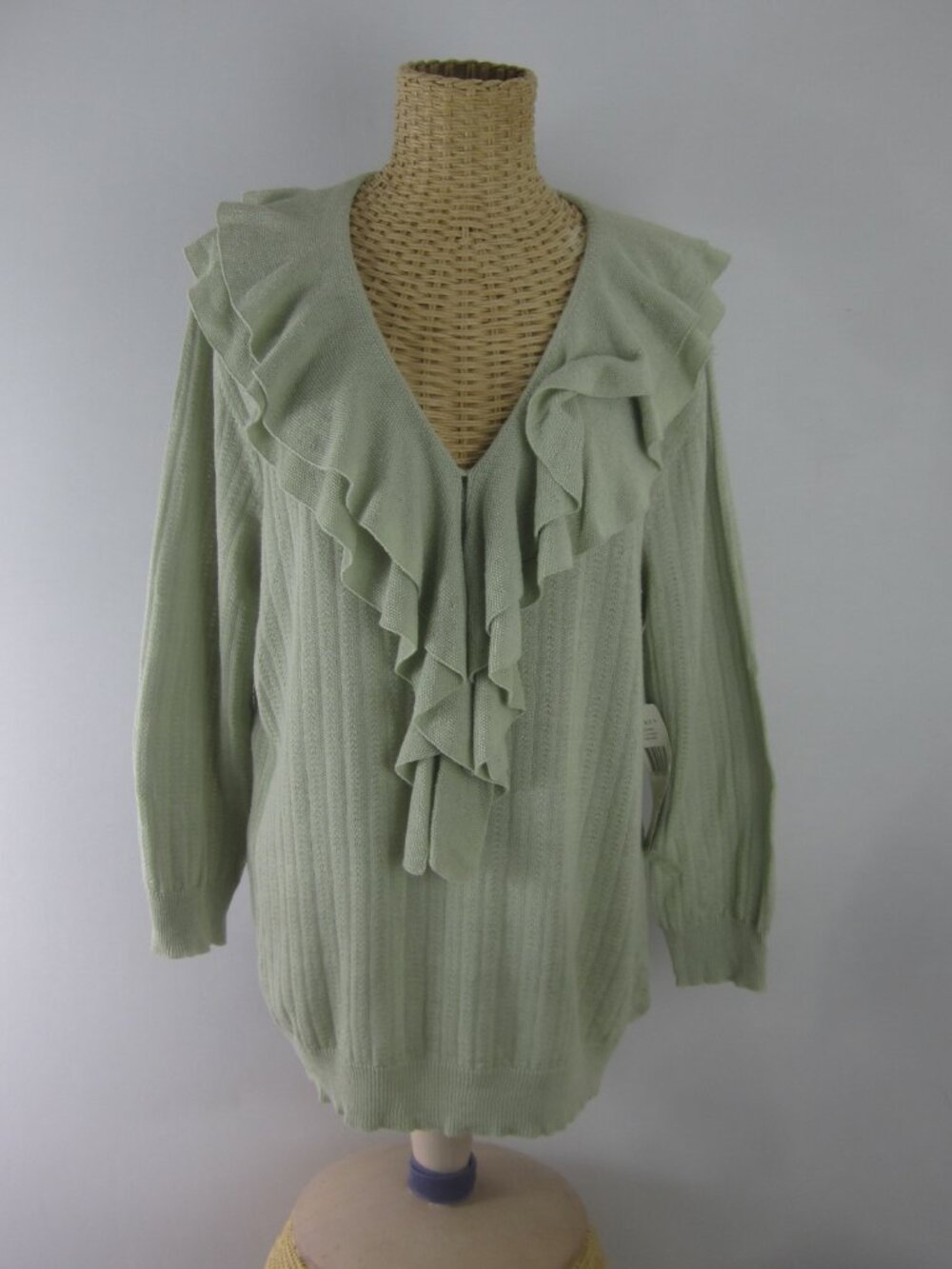 New Ralph Lauren Women XL Sage Green Silk Cotton Ruffle V Neck Sweater Knit $129